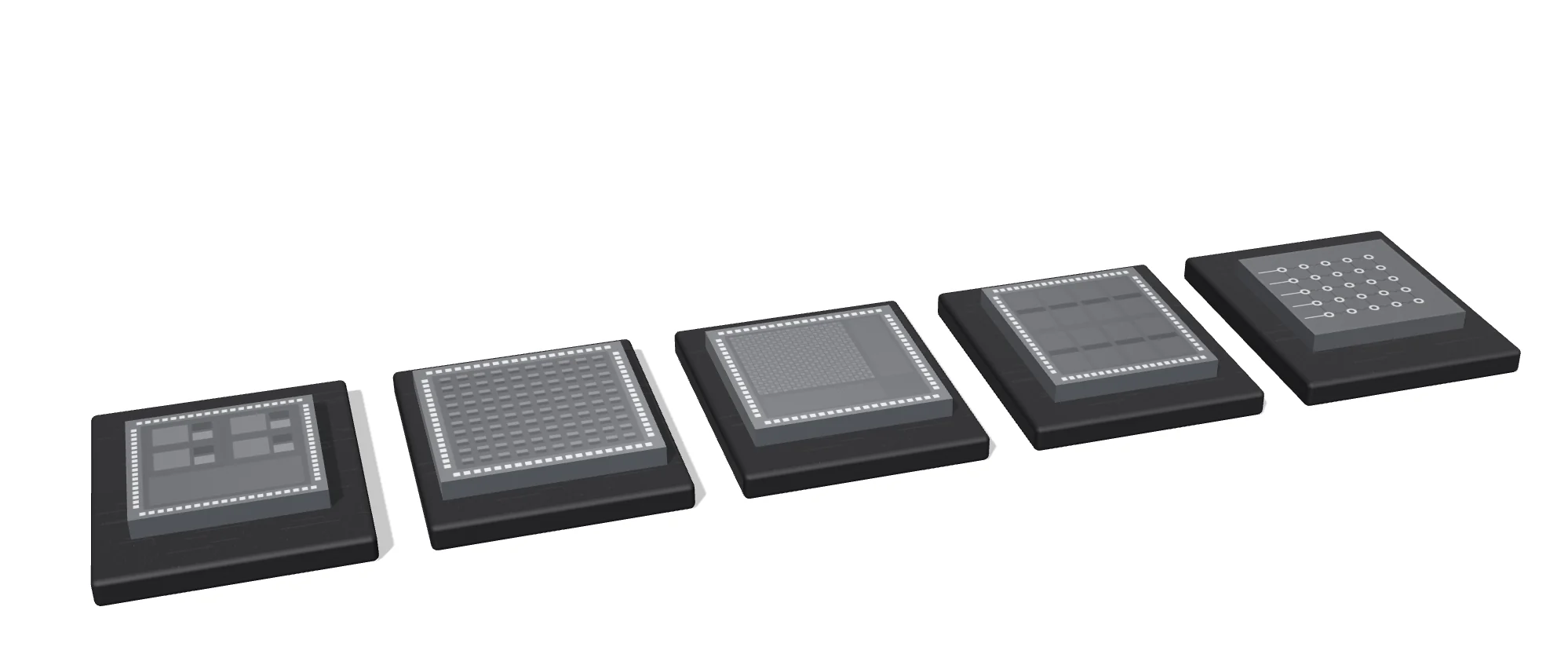 Five separate chips, each on its own package. A CPU, a GPU, a dataflow accelerator, an in-memory compute chip and a quantum processor, each with a different layout on its die.